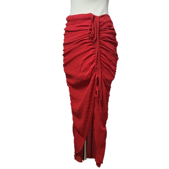 Revolve Lovers + Friends Brooke Cherry Red Ruched Slit Midi Skirt Small - Picture 3 of 10
